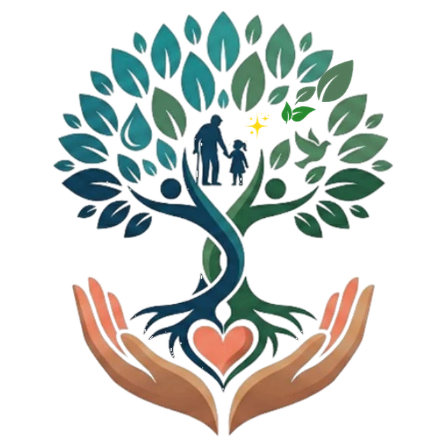 DLMM Foundation emblem: a tree whose roots form a heart, held in open hands, with an elder and child beneath its leaves.